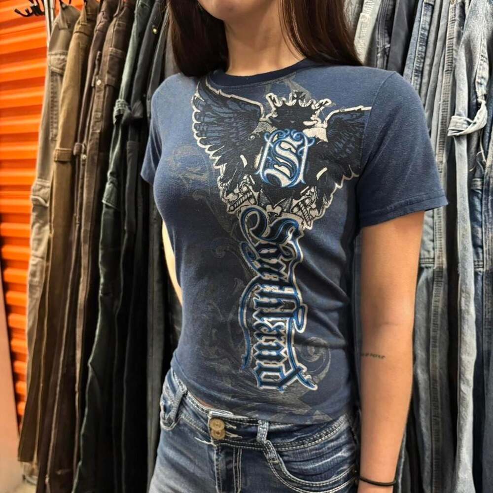 Vintage Y2K Aviator Club Skater Grunge Baby Tee — Affliction Style Eagle Graphic